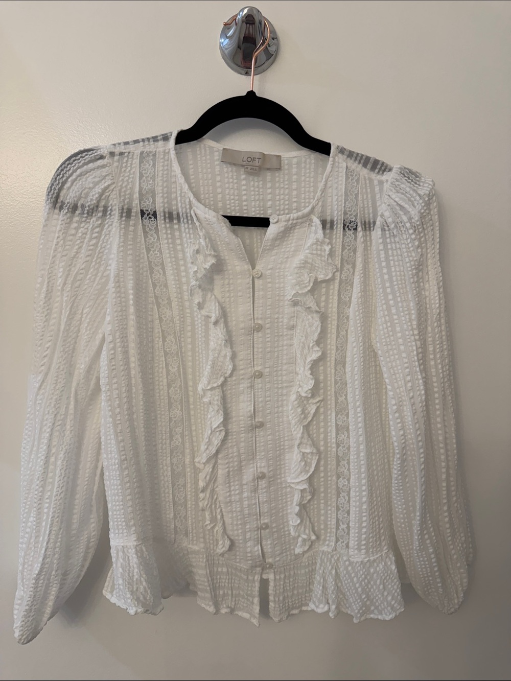 LOFT White Ruffle-Trim Button Front Blouse